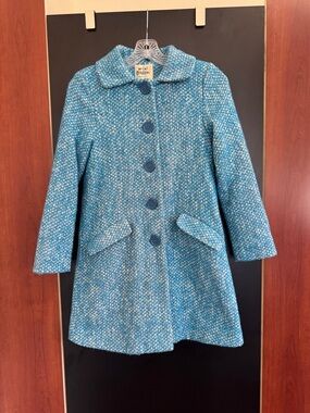 Mini Boden Tweed Coat Girls Size 11-12 Blue Gray Mix Polka Dots Lining Wool Blen
